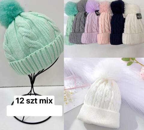 Czapka  zimowa dziewczęce 1480 Mix kolor Standard (Towar Tureckie)
