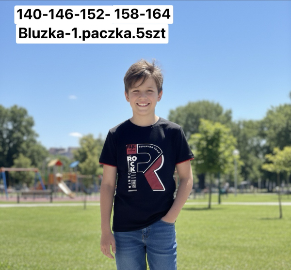 Bluzki chłopięce Roz 140-164, 1 kolor Paczka 5 szt