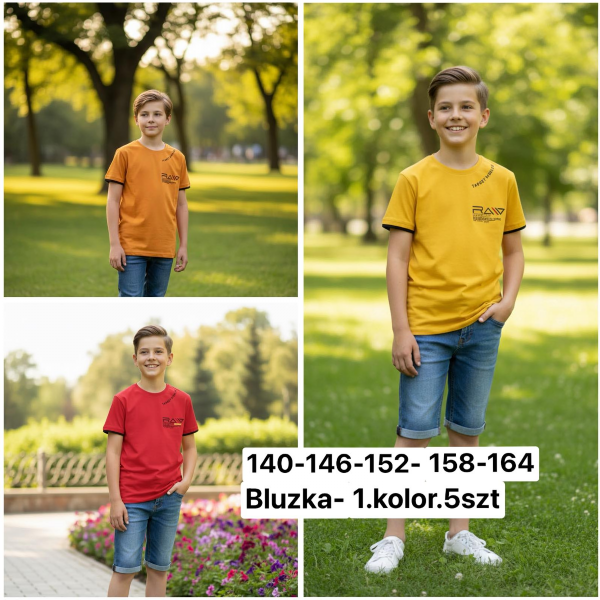 Bluzki chłopięce Roz 140-164, 1 kolor Paczka 5 szt