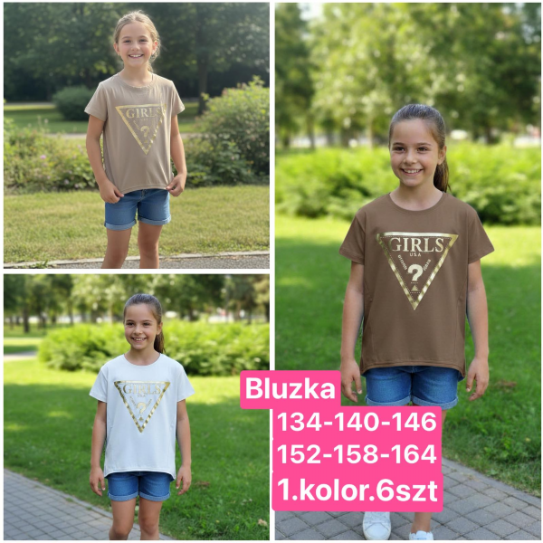 Bluzki dziewczęce Roz 128-164, 1 kolor Paczka 6 szt
