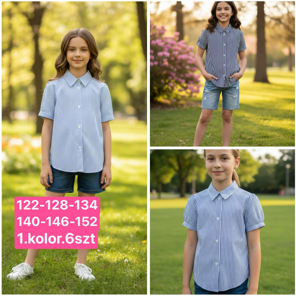 Koszule dziewczęce Roz 122-152, 1 kolor Paczka 6 szt