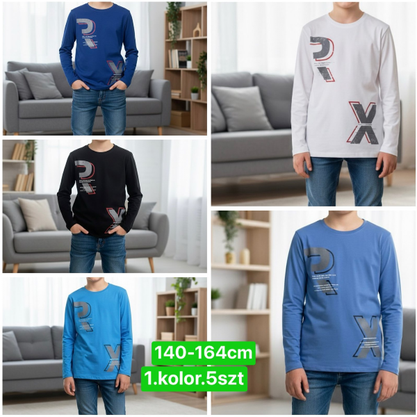 Bluzki chłopięce Roz 140-164, 1 kolor Paczka 5 szt