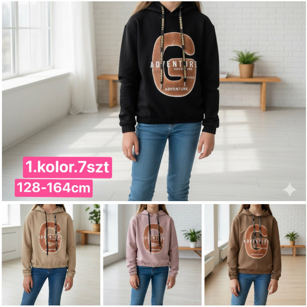 Bluzy dziewczęce Roz 128-164, 1 kolor Paczka 7 szt