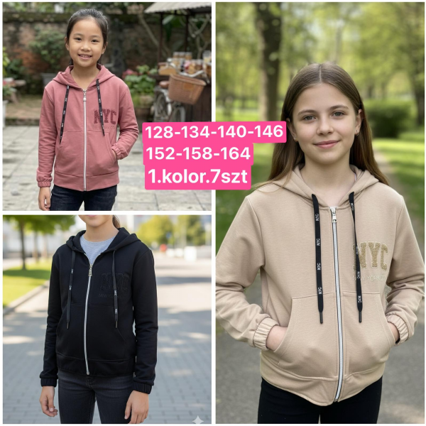Bluzy dziewczęce Roz 128-164, 1 kolor Paczka 7 szt