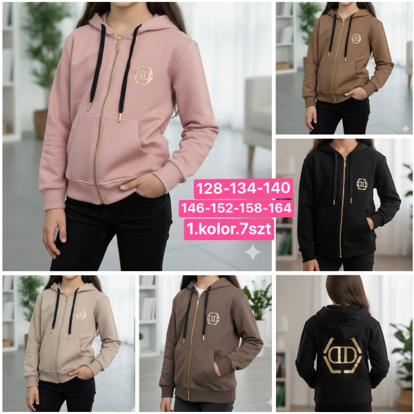 Bluzy dziewczęce Roz 128-164, 1 kolor Paczka 7 szt