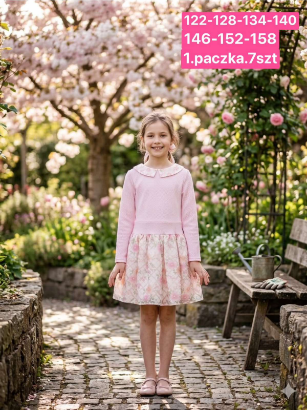  Sukienki dziewczęce Roz 122-158, 1 kolor Paczka 7 szt