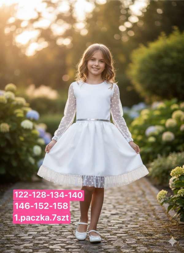  Sukienki dziewczęce Roz 122-158, 1 kolor Paczka 7 szt
