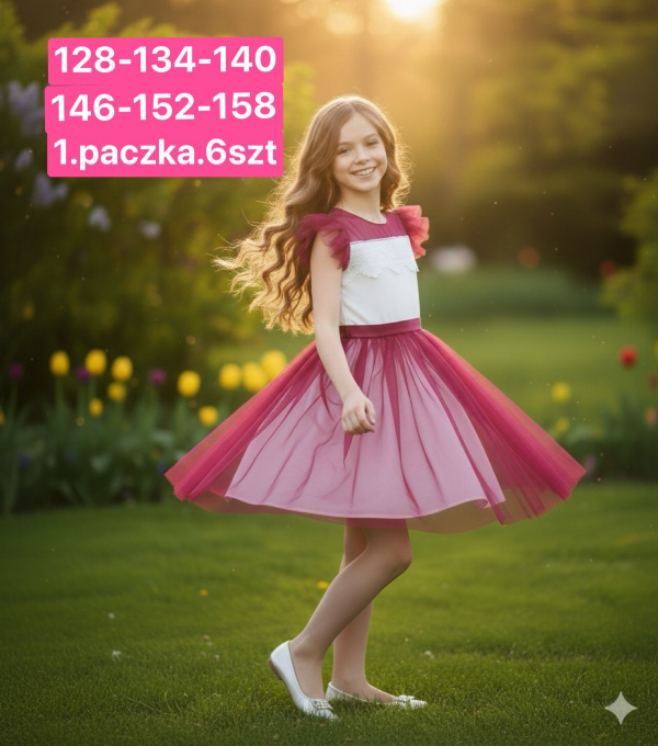  Sukienki dziewczęce Roz 128-158, 1 kolor Paczka 6 szt