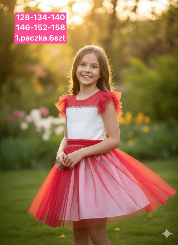  Sukienki dziewczęce Roz 128-158, 1 kolor Paczka 6 szt