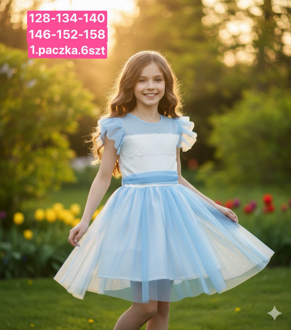  Sukienki dziewczęce Roz 128-158, 1 kolor Paczka 6 szt