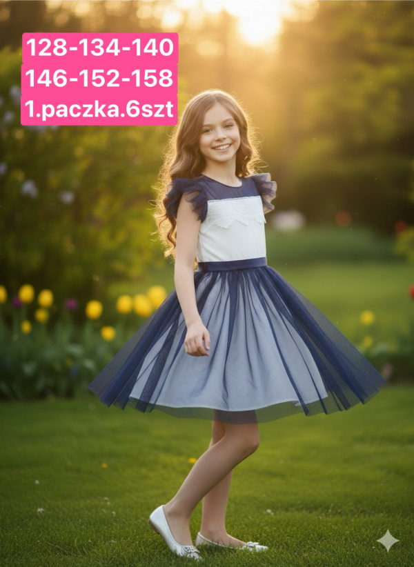  Sukienki dziewczęce Roz 128-158, 1 kolor Paczka 6 szt