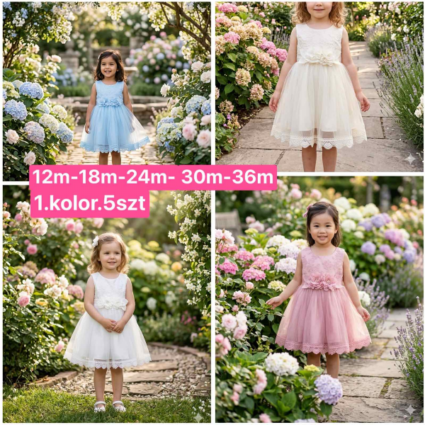 Sukienki dziewczęce Roz 12-36, 1 kolor Paczka 5 szt