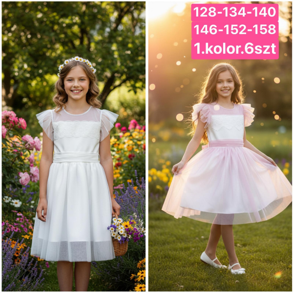  Sukienki dziewczęce Roz 128-158, 1 kolor Paczka 6 szt