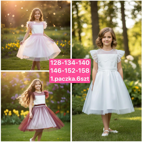  Sukienki dziewczęce Roz 128-158, 1 kolor Paczka 6 szt