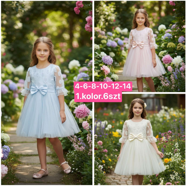 Sukienki dziewczęce Roz 4-14, 1 kolor Paczka 6 szt