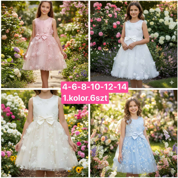 Sukienki dziewczęce Roz 4-14, 1 kolor Paczka 6 szt
