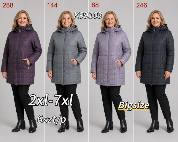 Kurtki damskie zimowe Roz 2XL-7XL, 1 Kolor .Paczka 6 szt